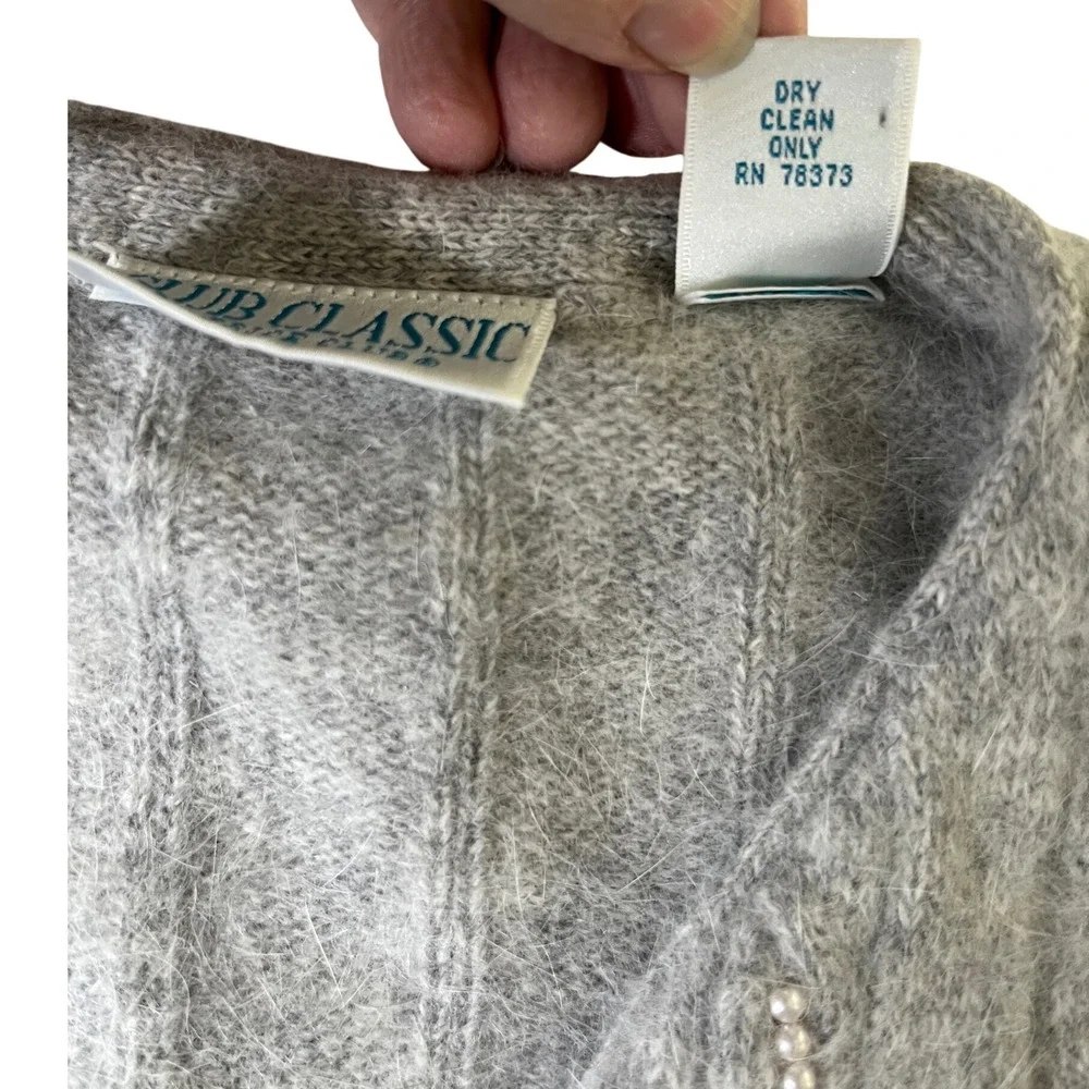 Vintage‎ Angora Lambswool Pearl Beaded Cable Knit Cardigan Gray Hong Kong S